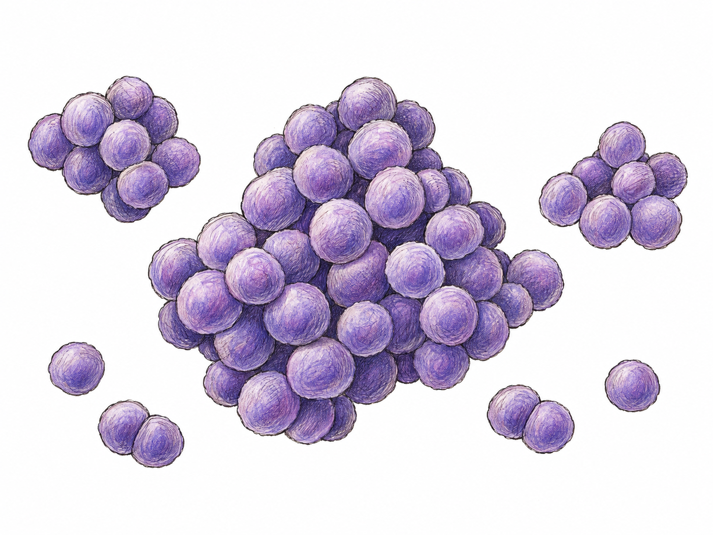 A clearly magnified microscopic view of spherical bacteria arranged in irregular grape-like clusters, showing the characteristic morphology of staphylococcus without depicting literal grapes.