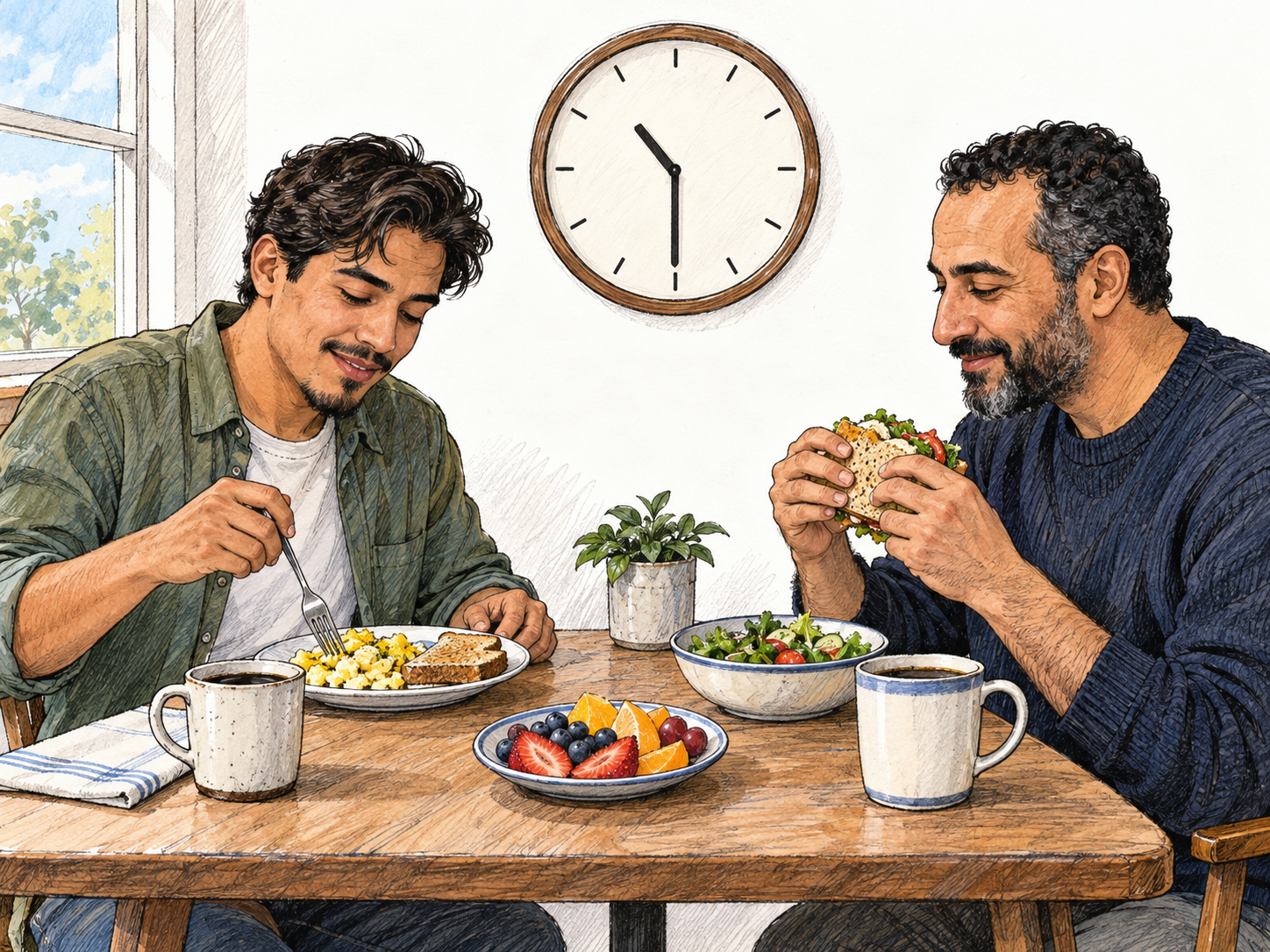 Two friends eat a late-morning meal combining breakfast and lunch foods, with a clearly readable clock showing 10:30 and daylight establishing the time.