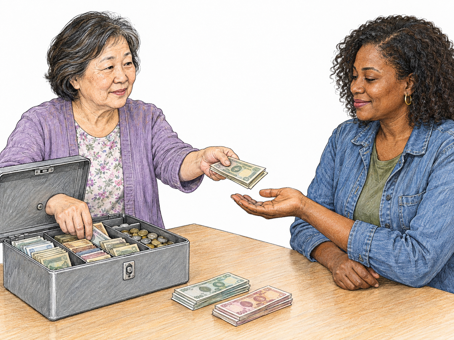 A fund administrator pays cash from a shared cashbox into a recipient’s outstretched hand, with additional separate payout stacks beside the box.