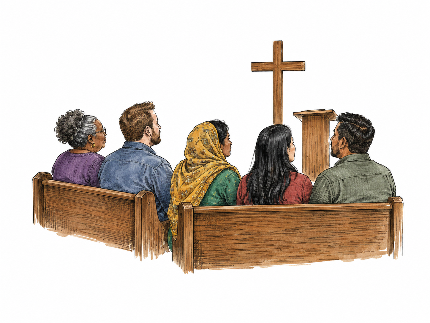 A compact group of five worshippers sits together on two short church pew sections facing a plain wooden cross and simple lectern fragment.