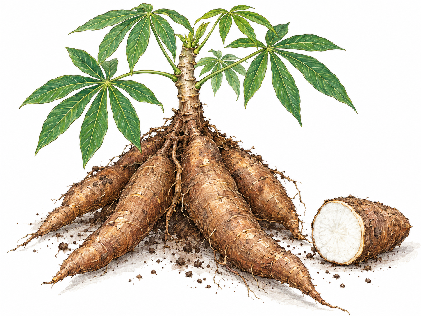 A cassava plant with distinctive palmate leaves and an exposed cluster of elongated storage roots, accompanied by one cut root showing rough brown skin and solid white flesh.