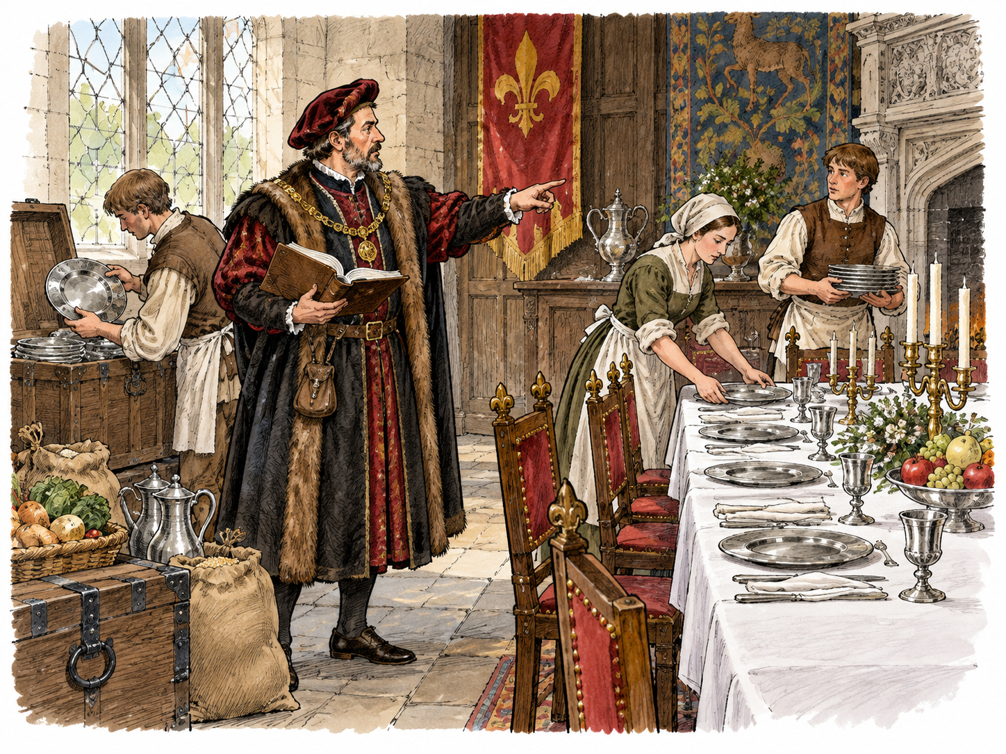 Royal household official checks supplies and directs servants setting a formal table.