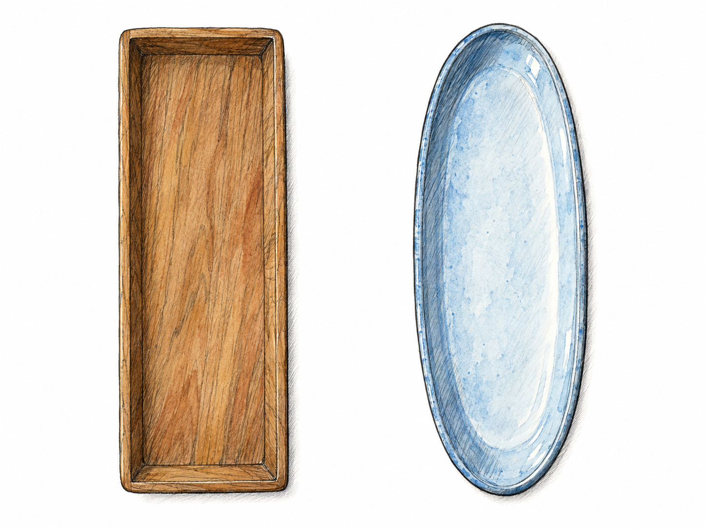 A simple overhead view of an elongated rectangular wooden tray beside an elongated oval ceramic platter, both clearly longer than they are wide.
