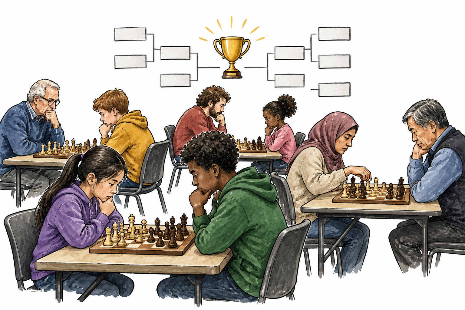 A chess tournament with several tables and a small bracket chart leading to a trophy, mixed-age diverse competitors.