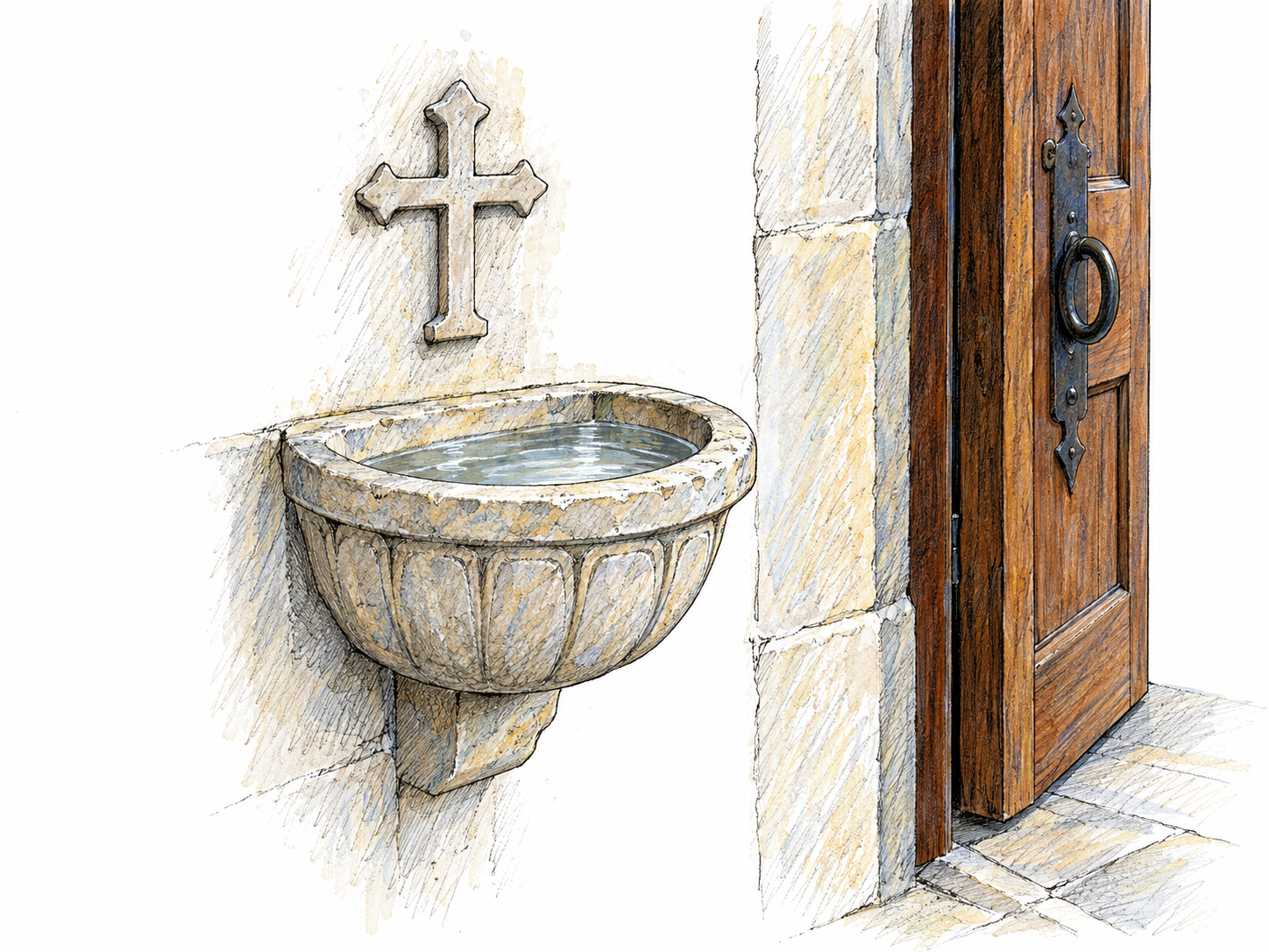 A small wall-mounted stone holy-water basin just inside a church entrance, with visible water and a simple cross carved above it.