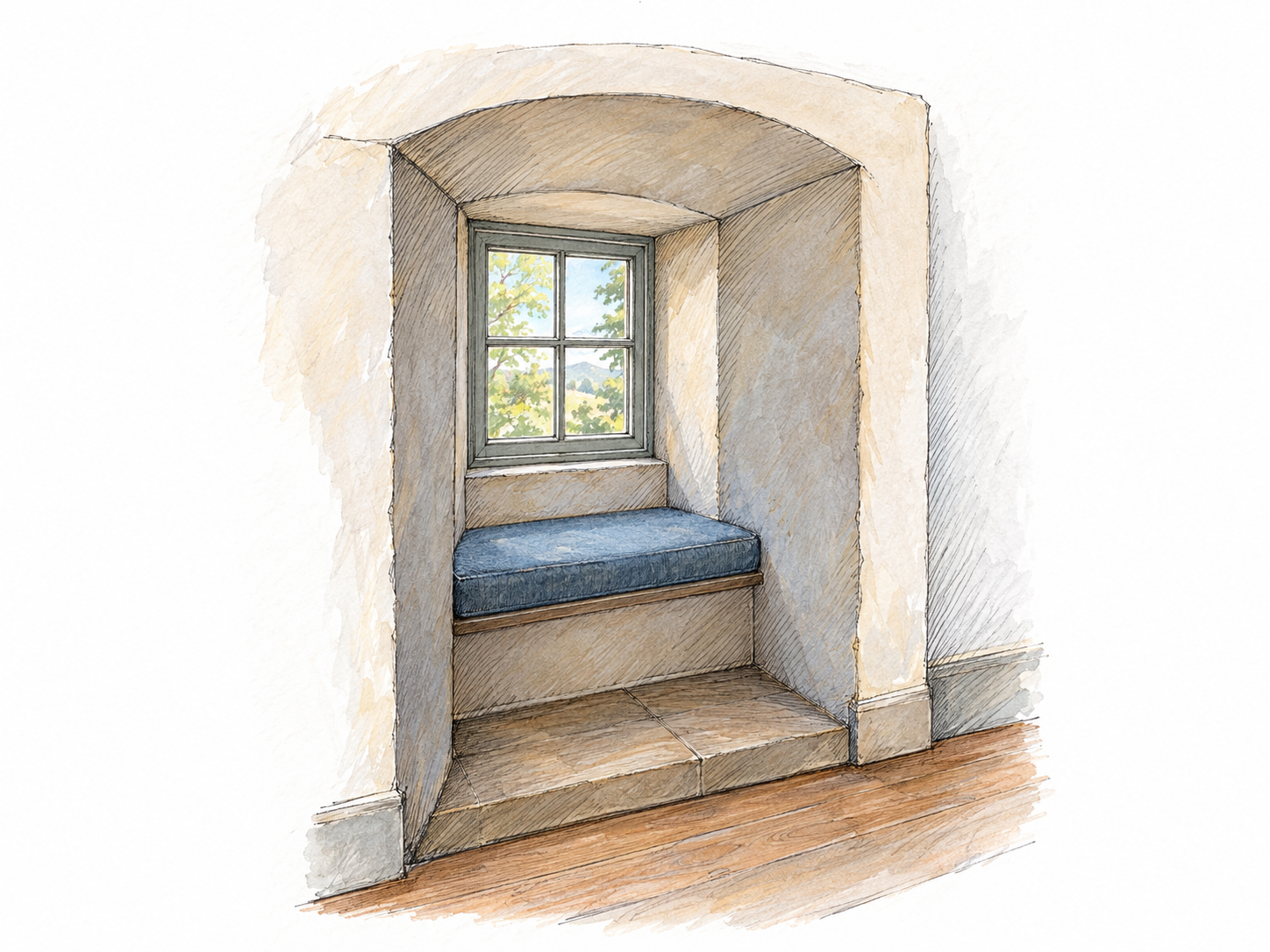 A small window-seat recess enclosed by thick side walls and a low overhead arch, with a fitted cushion emphasizing its compact, sheltered interior.