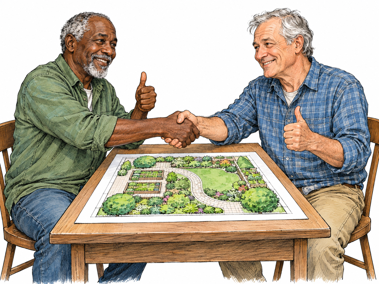 Two older men sit over a shared garden layout, clasping right hands across the plan while each gives a clear thumbs-up with his free hand.