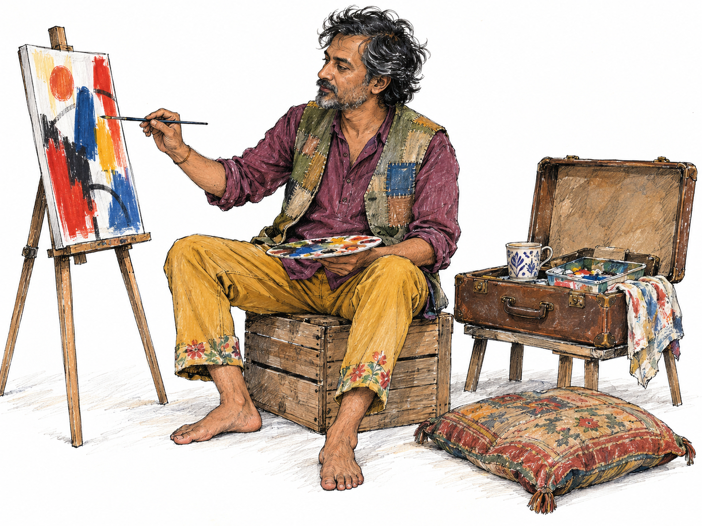 A barefoot artist in an eclectic, visibly hand-altered outfit paints in a sparse live-work nook, using a repurposed wooden crate as a seat and an old suitcase as a table.
