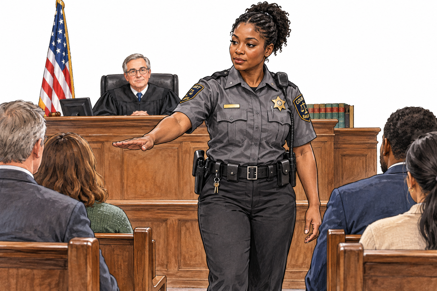 Black female court bailiff in uniform calmly gestures courtroom audience to sit, judge's bench behind.