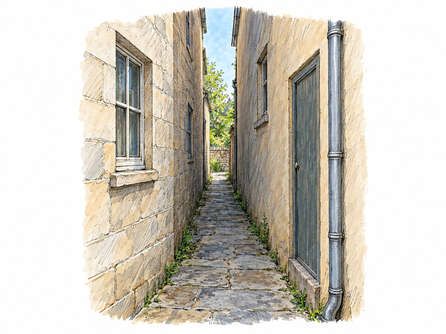 A narrow outdoor paved passage tightly bounded by the side walls of two separate buildings, viewed from its entrance toward a small opening at the far end.