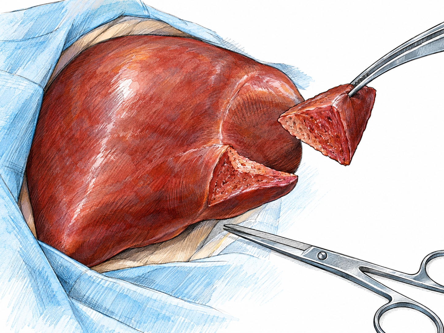 A restrained clinical close-up shows a small wedge of liver tissue being surgically removed while the much larger remainder stays in place.