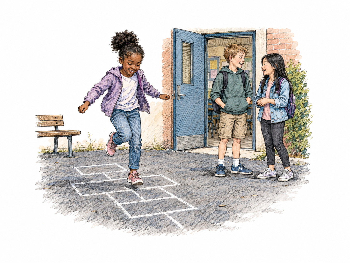 Three schoolchildren enjoy a break outside the classroom, one hops across a chalk hopscotch grid with no numbers while two chat nearby, open school doorway behind; small playground fragment.