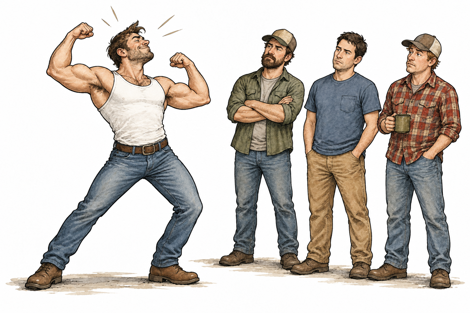 A white adult man makes an exaggerated muscle-flexing show to impress peers who look unimpressed.