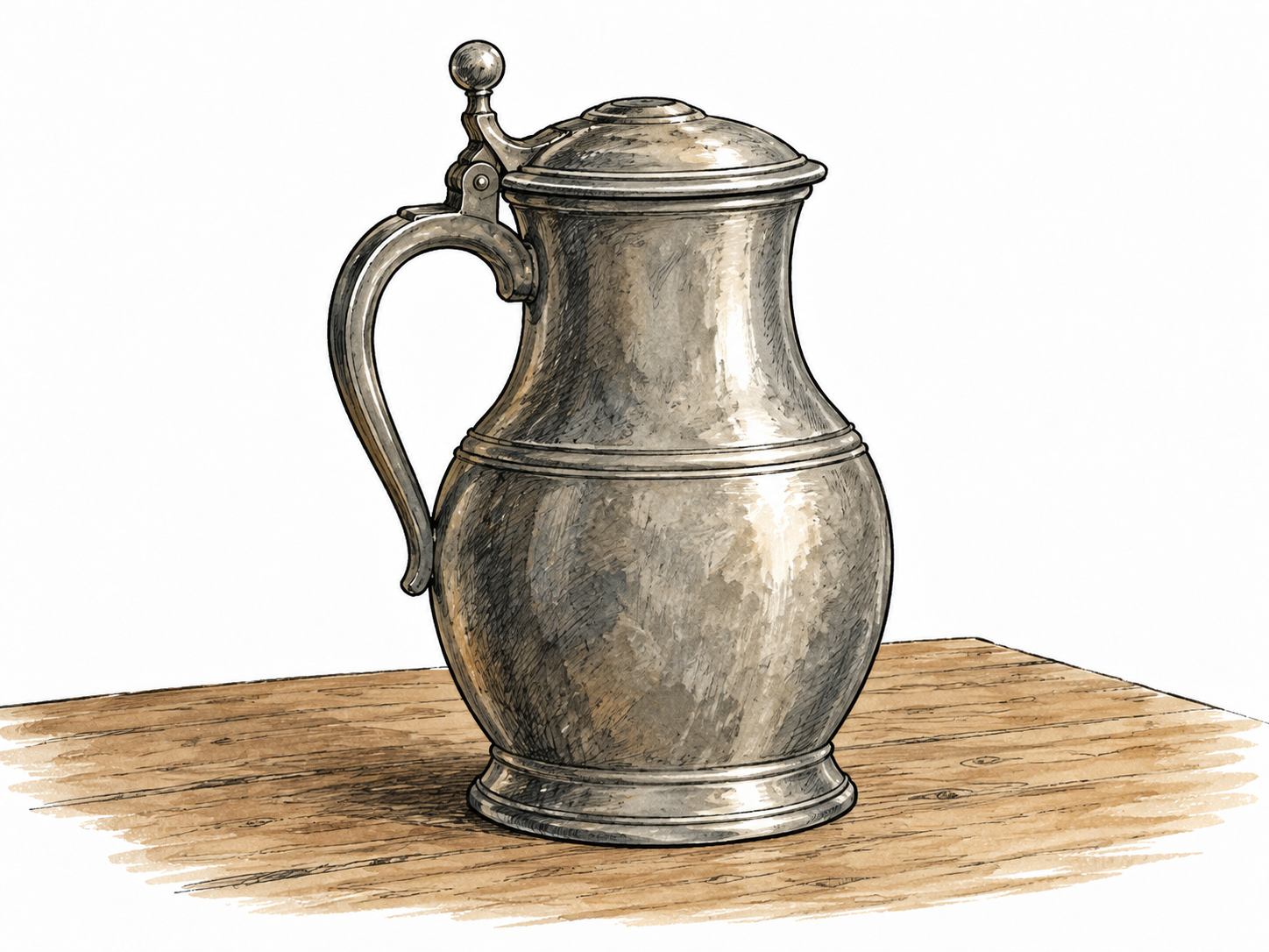 A large pewter flagon with handle and hinged lid stands on a plain table.