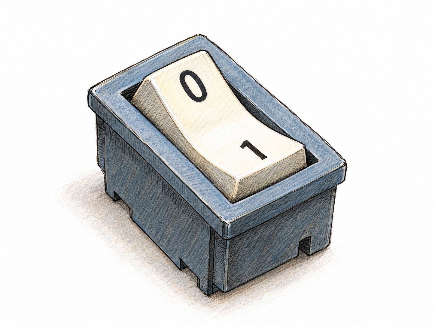 A single two-position rocker switch with its two ends marked 0 and 1, making a choice between exactly two values visibly concrete.