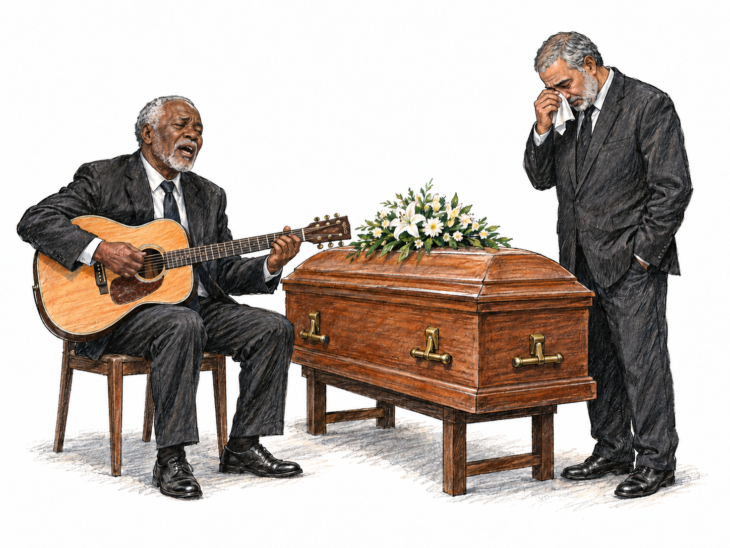 An older man sings a quiet lament beside a flower-covered coffin, accompanying himself on an acoustic guitar while another older man mourns.
