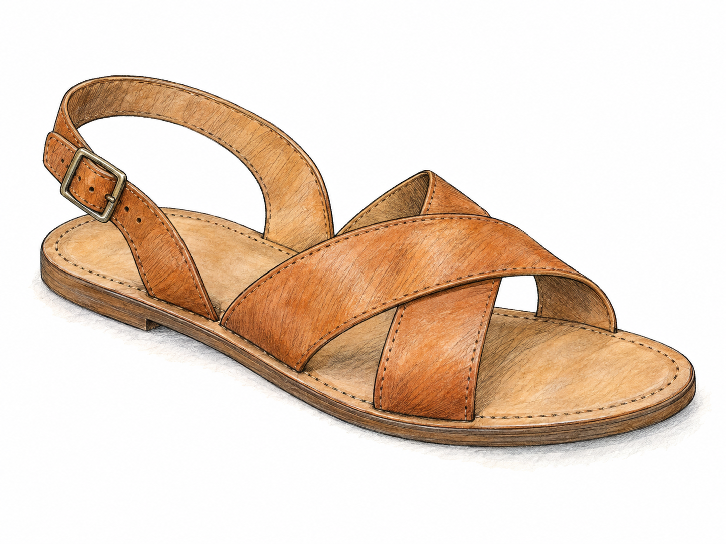 A single open leather sandal in three-quarter view, clearly showing its foot-shaped sole, open toe and sides, crossing straps, and buckled heel strap.