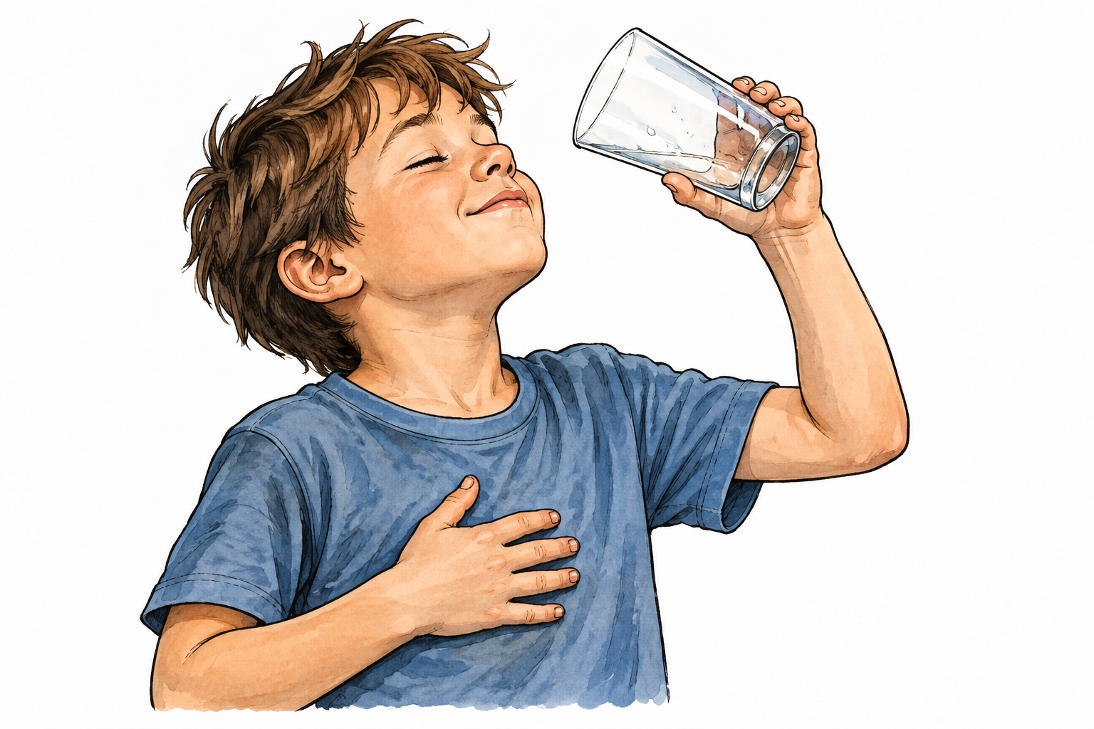 A thirsty boy finishes a glass of water with visible relief, need fulfilled.