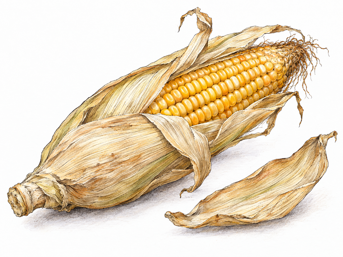 A mature ear of corn with its dry, papery tan husk peeled halfway back, clearly showing the outer covering surrounding the kernels; one detached husk leaf lies beside it.