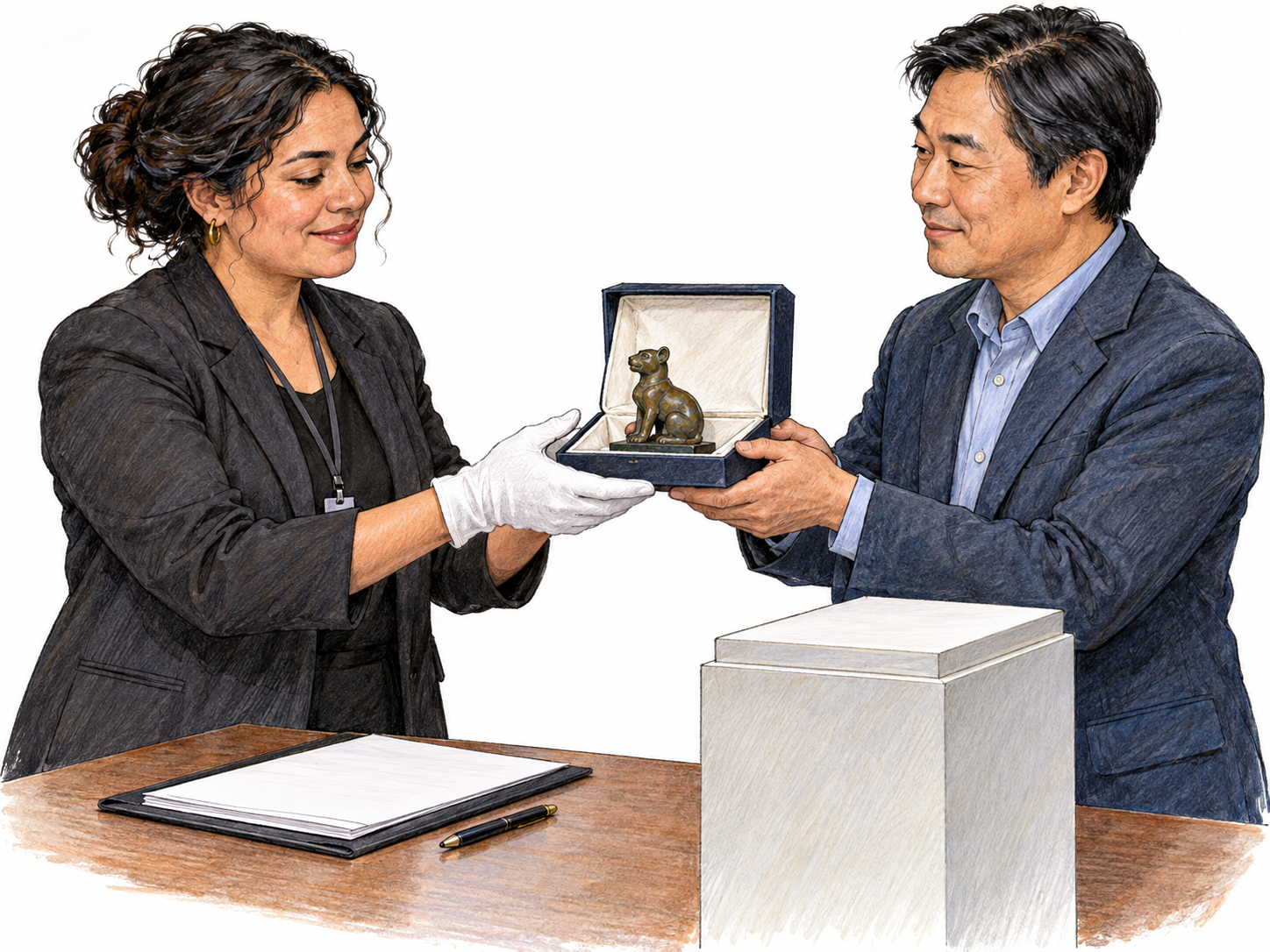 A curator formally receives one small bronze sculpture in a protective open box from a donor, adding it to a collection represented by a single display stand; blank paperwork, no labels.