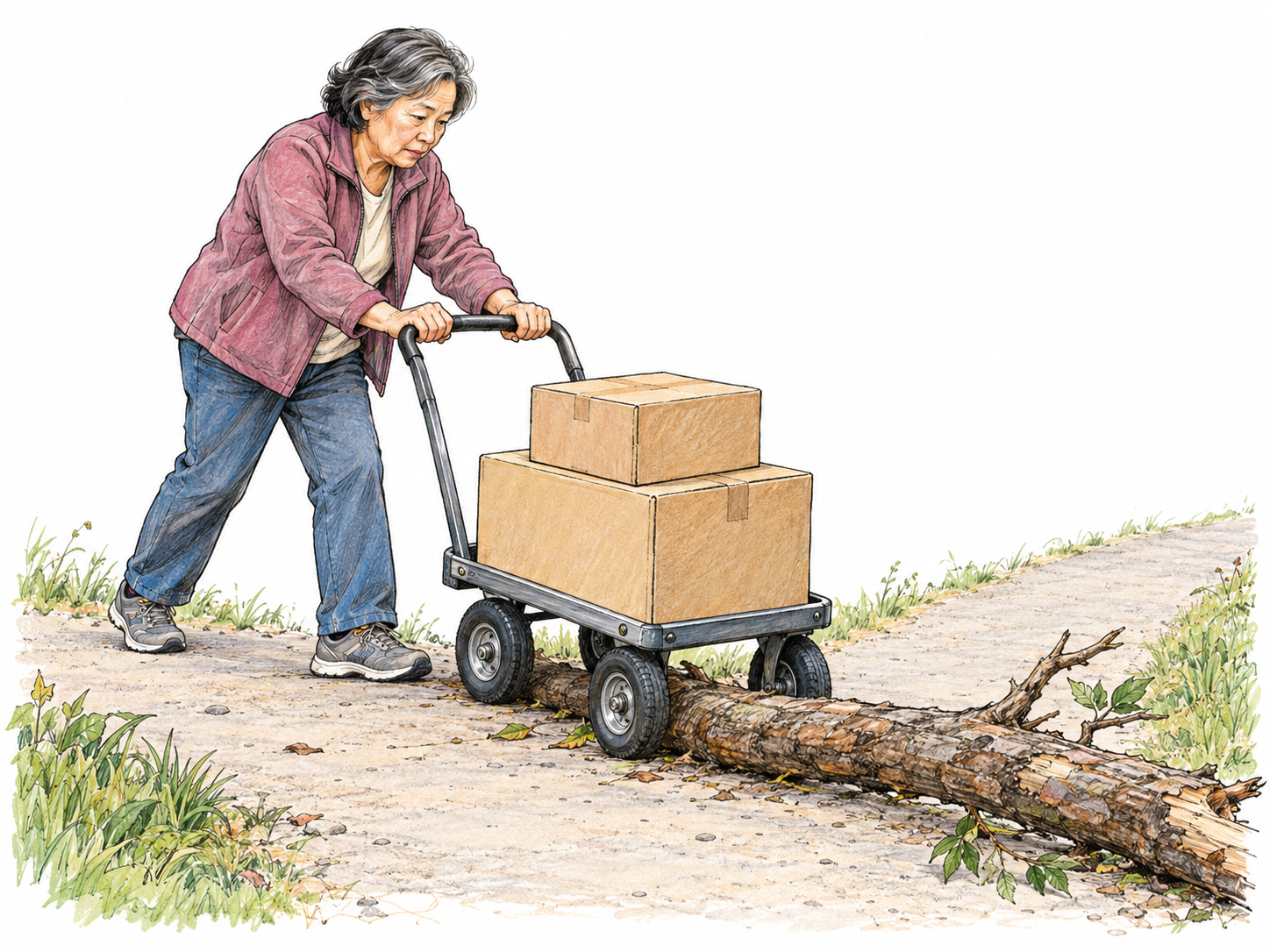 An older woman pushing a loaded handcart along a narrow path is stopped by a thick fallen branch across it.