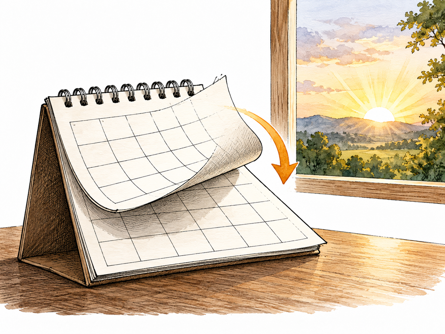 Calendar page turns from today to next day with sunrise beyond; no words.