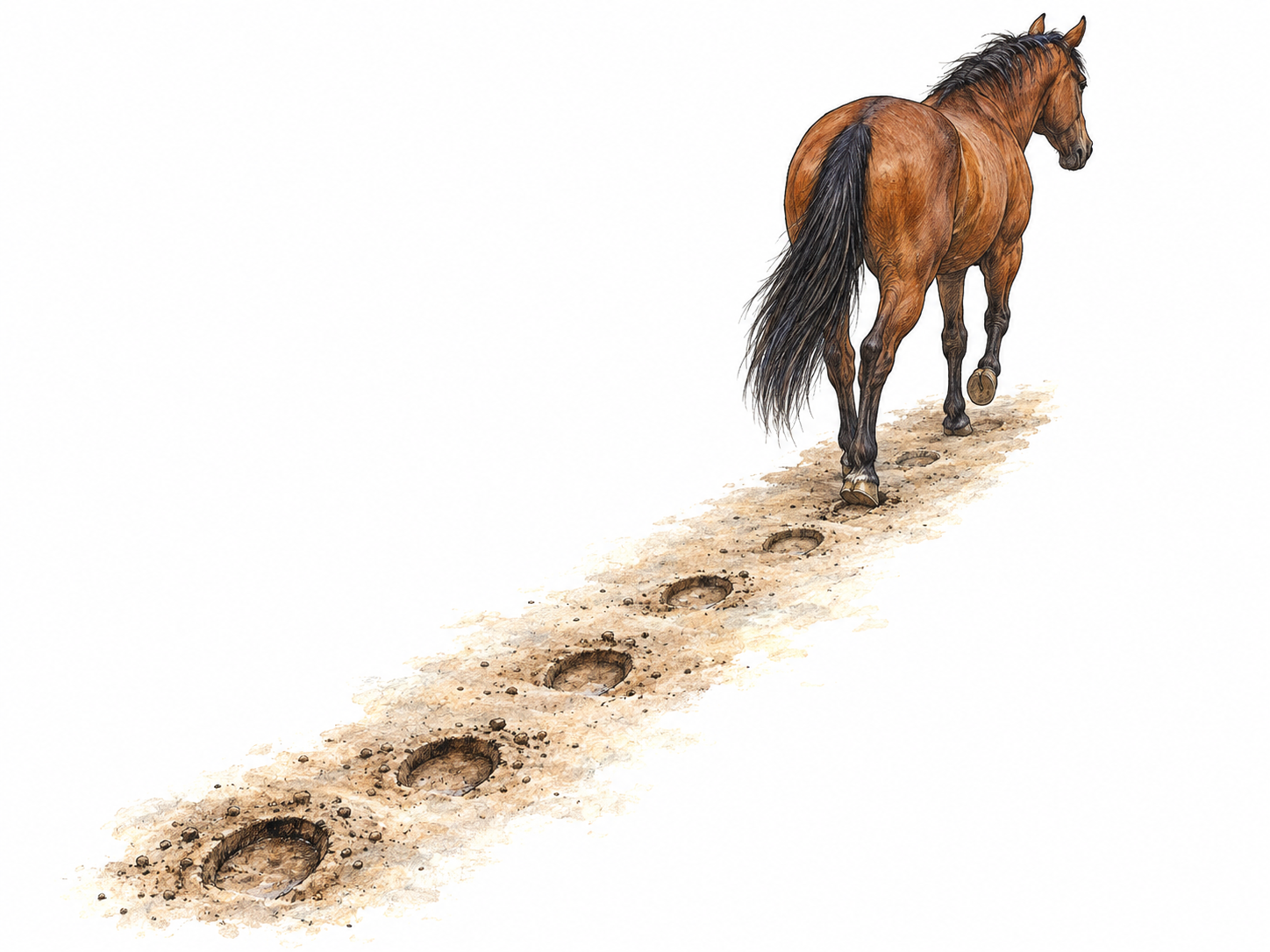 A single horse walks away across soft earth, leaving a clearly visible trail of fresh hoofprints that leads from the foreground directly to its hooves.