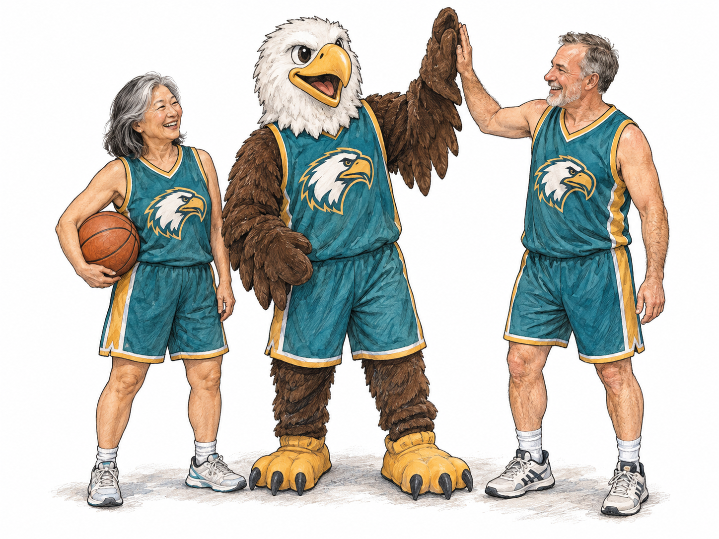 A friendly oversized eagle mascot stands beside two basketball teammates; matching teal-and-gold uniforms and identical eagle emblems visibly connect the mascot to the team.