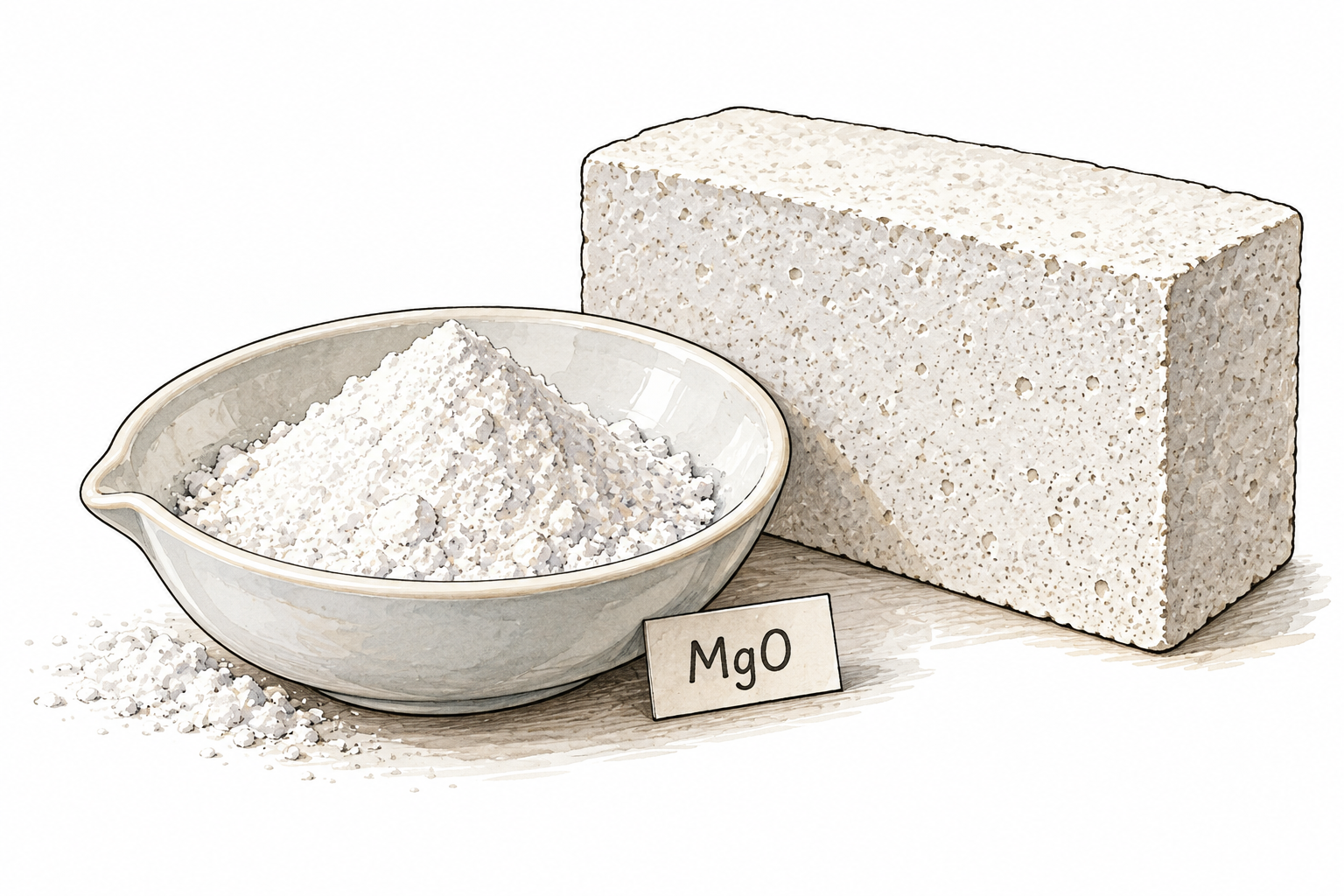 A mound of fine white magnesium oxide powder in a ceramic laboratory dish beside a white refractory brick, tiny label 'MgO'.