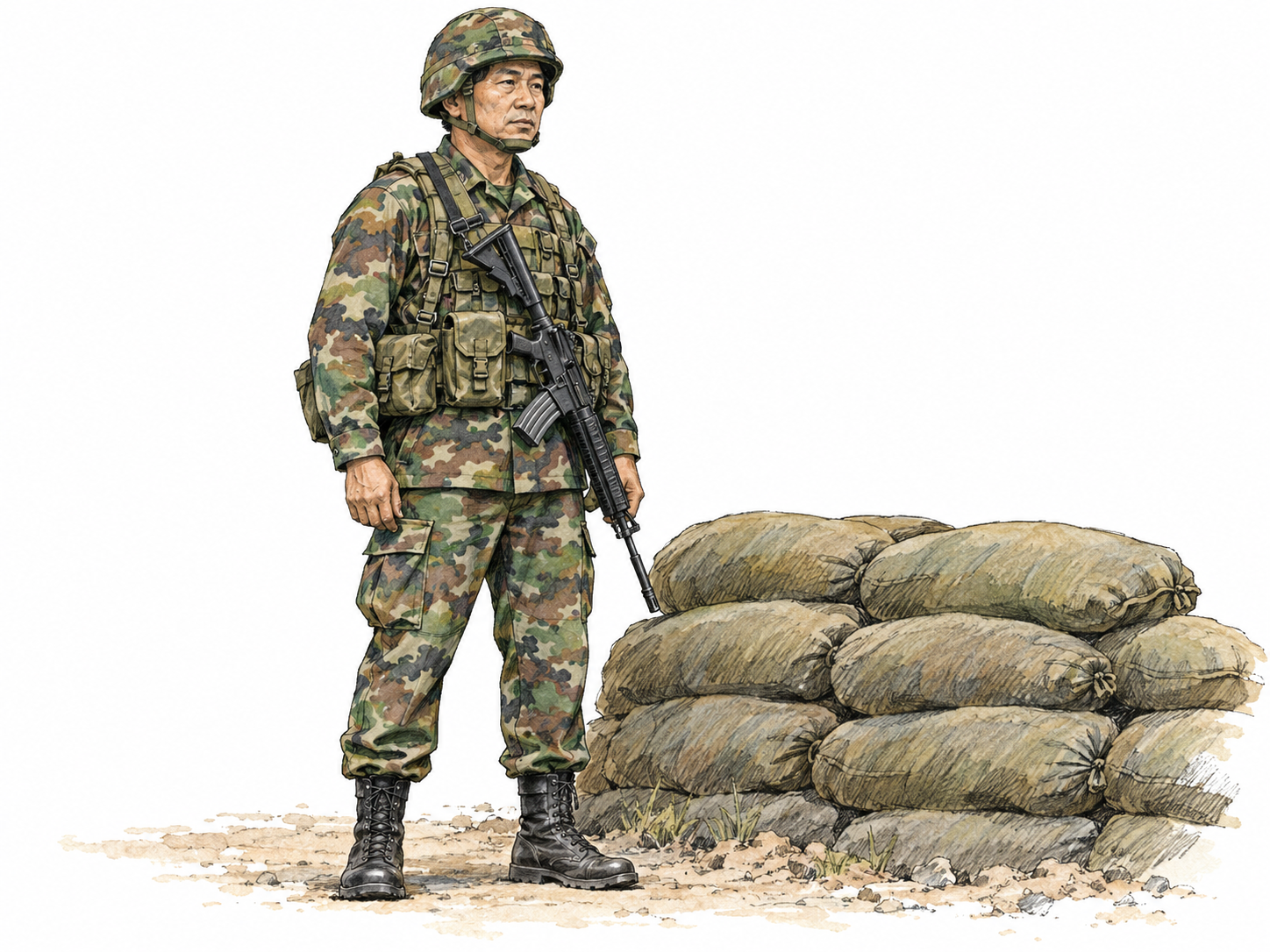 An older active-duty army soldier stands on guard beside a simple sandbag position, wearing camouflage fatigues, a military helmet and field equipment, with a service rifle safely slung.