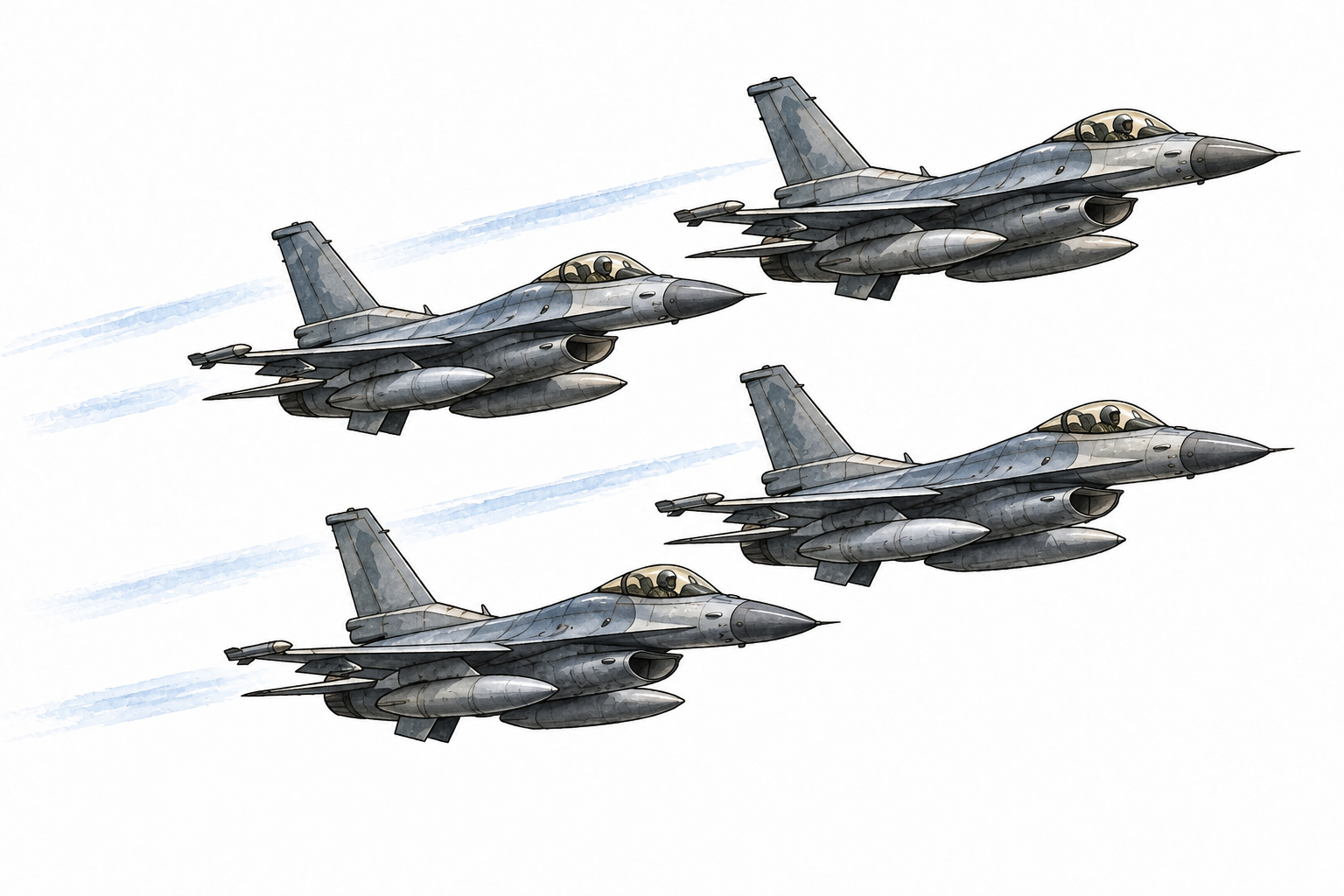Four military aircraft flying together in organized formation, no combat or weapons firing, recognizable coordinated unit.