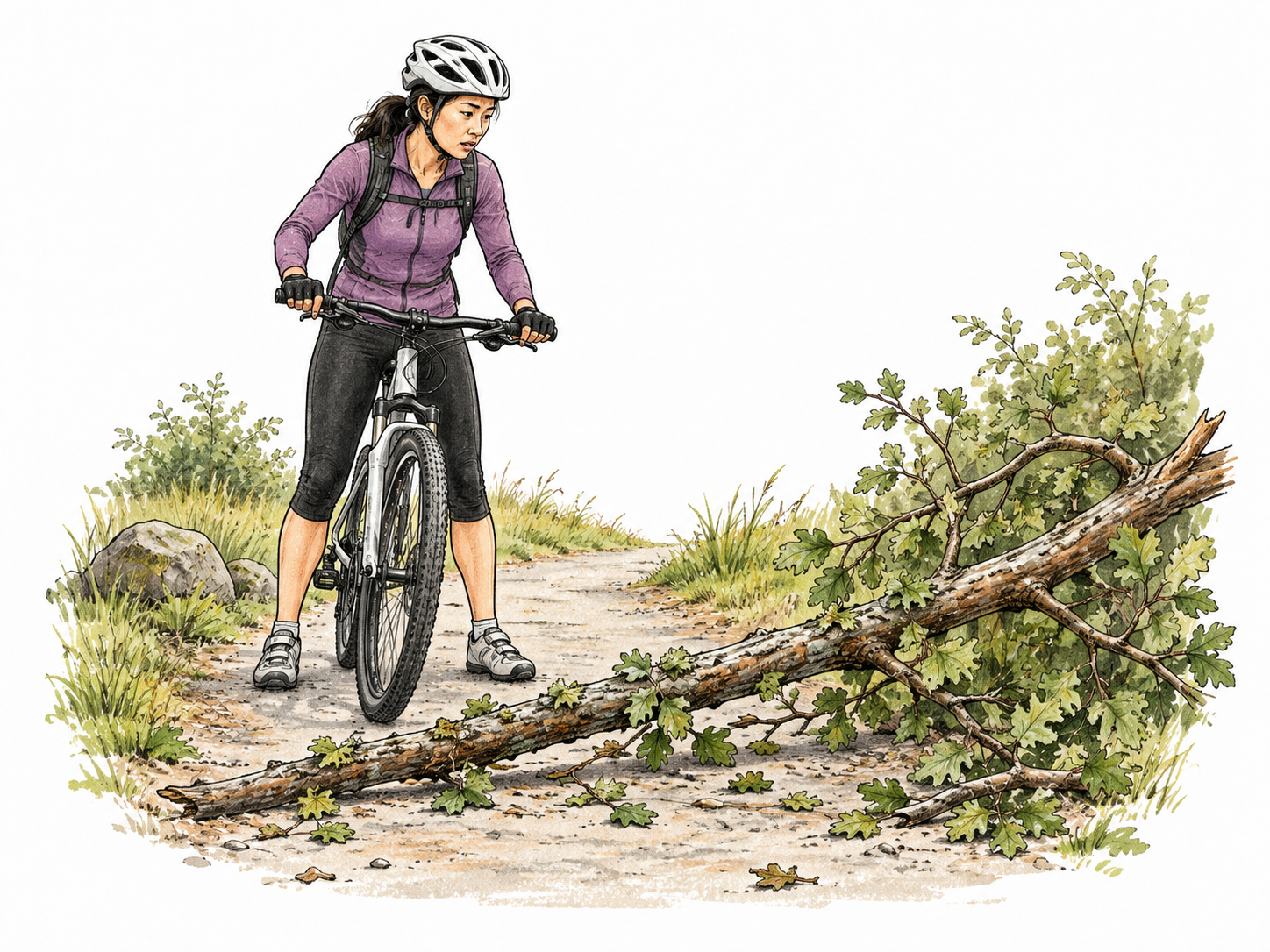 A fallen branch lies across a narrow bicycle path, visibly posing an obstacle or threat to an approaching cyclist who stops safely.