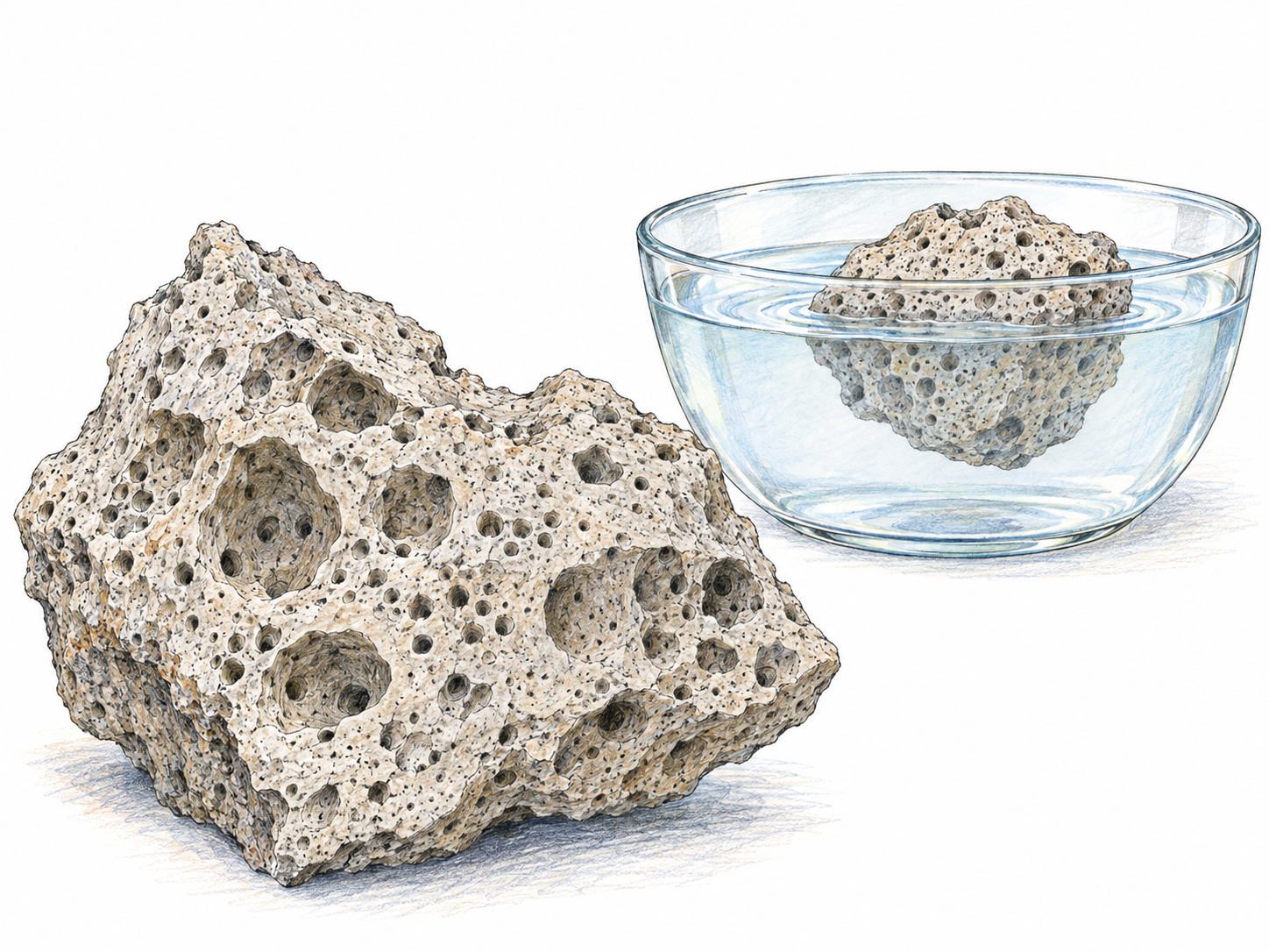 A close-up of pale volcanic pumice, with a dry specimen displaying its open, bubbly pores beside a second piece floating partly above the water in a clear shallow bowl.