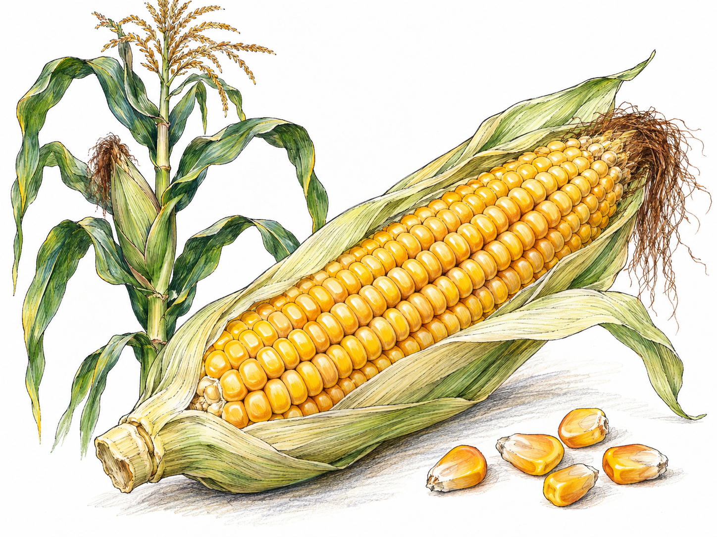 A ripe ear of maize with its husk peeled back to reveal orderly rows of golden kernels, beside a few loose kernels and a standing maize stalk bearing another ear.