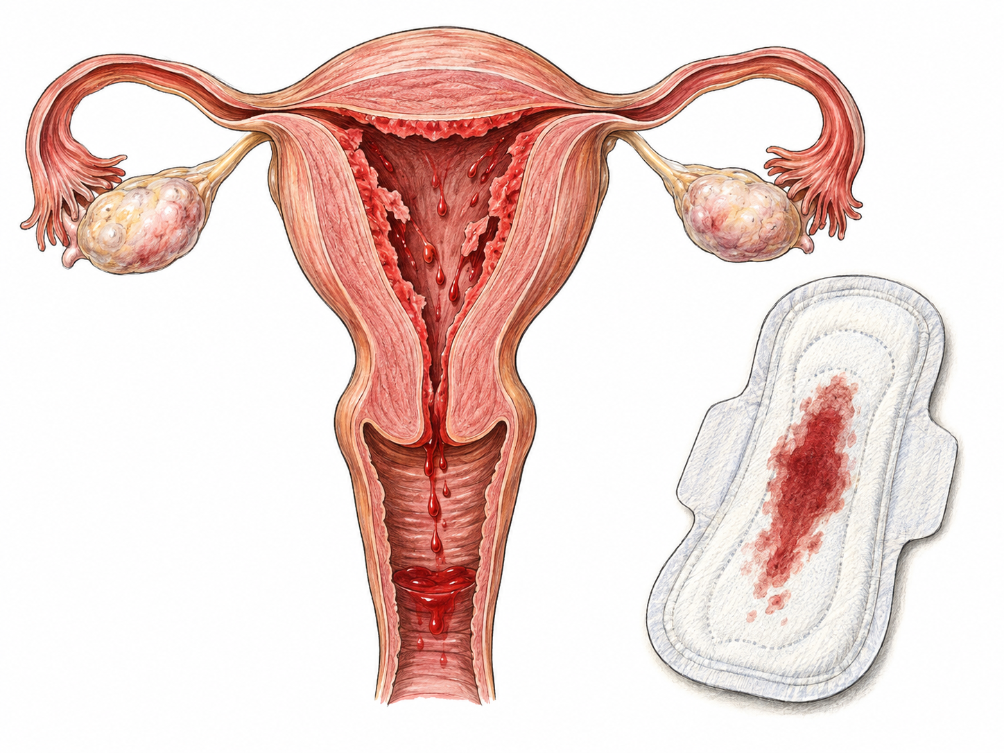 An isolated anatomical cutaway of the uterus shows the lining shedding, with a small amount of blood passing through the cervix into the vaginal canal.