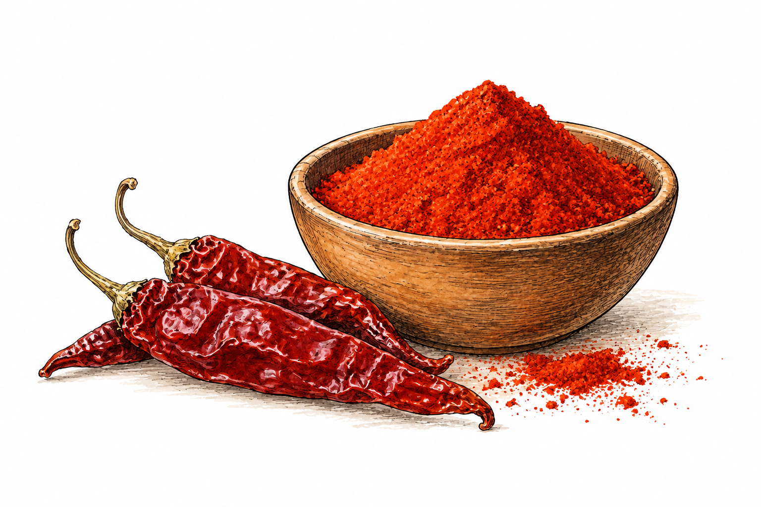 A bowl of vivid red paprika powder beside dried red peppers.