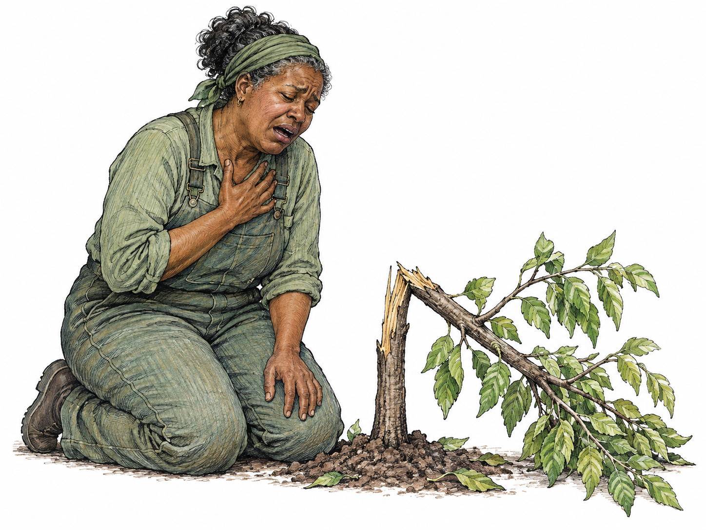 An adult gardener kneels beside her cherished small tree broken by wind, shoulders lowered, one hand at her chest and mouth open expressing deep sorrow at its loss; show only gardener and broken sapling.