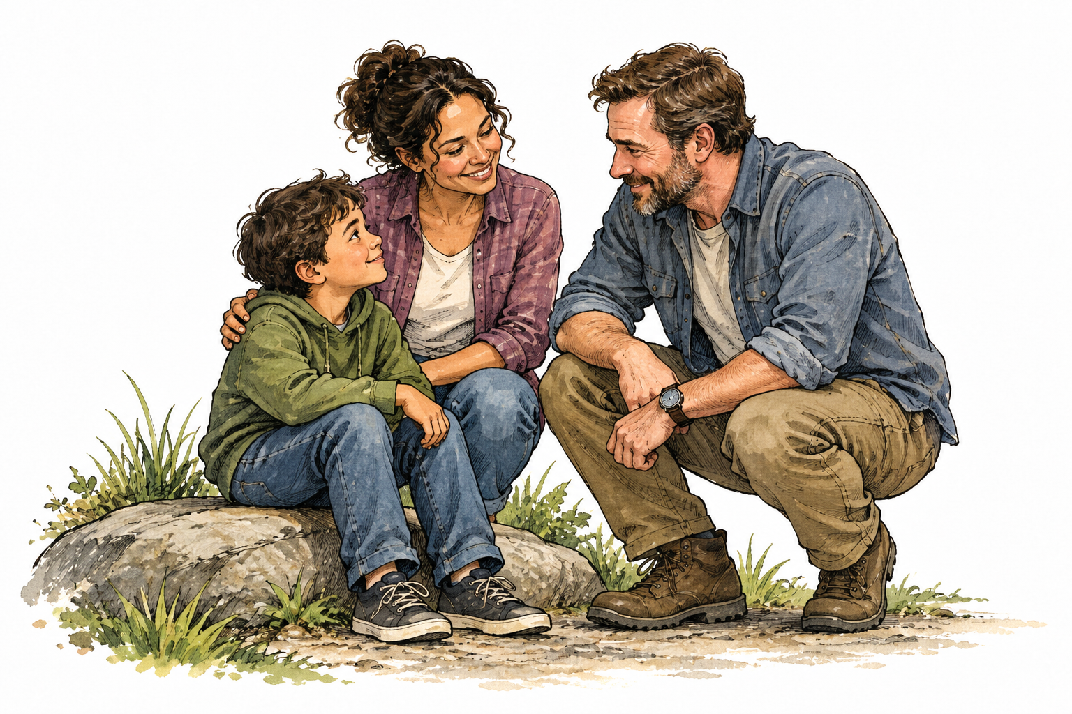A mother introduces her new husband to her child during a relaxed family outing, warm family context without claiming visible biological proof.