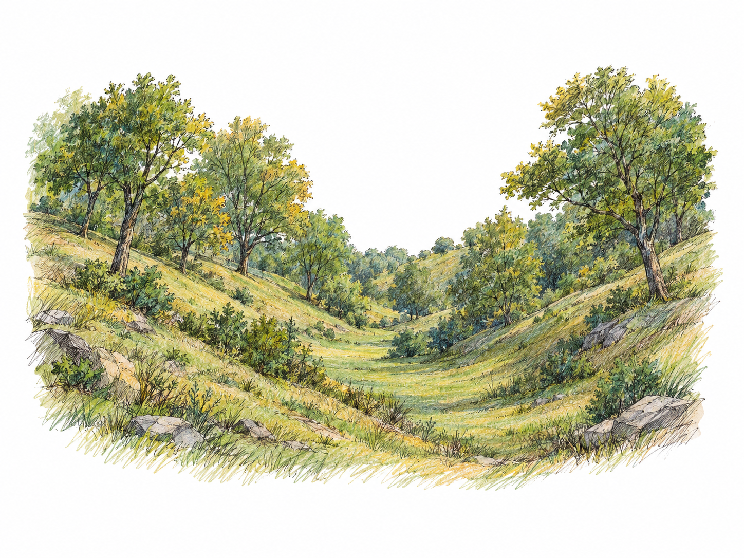 A small wooded valley shown obliquely from above, with two gentle tree-covered slopes enclosing a narrow grassy bottom.
