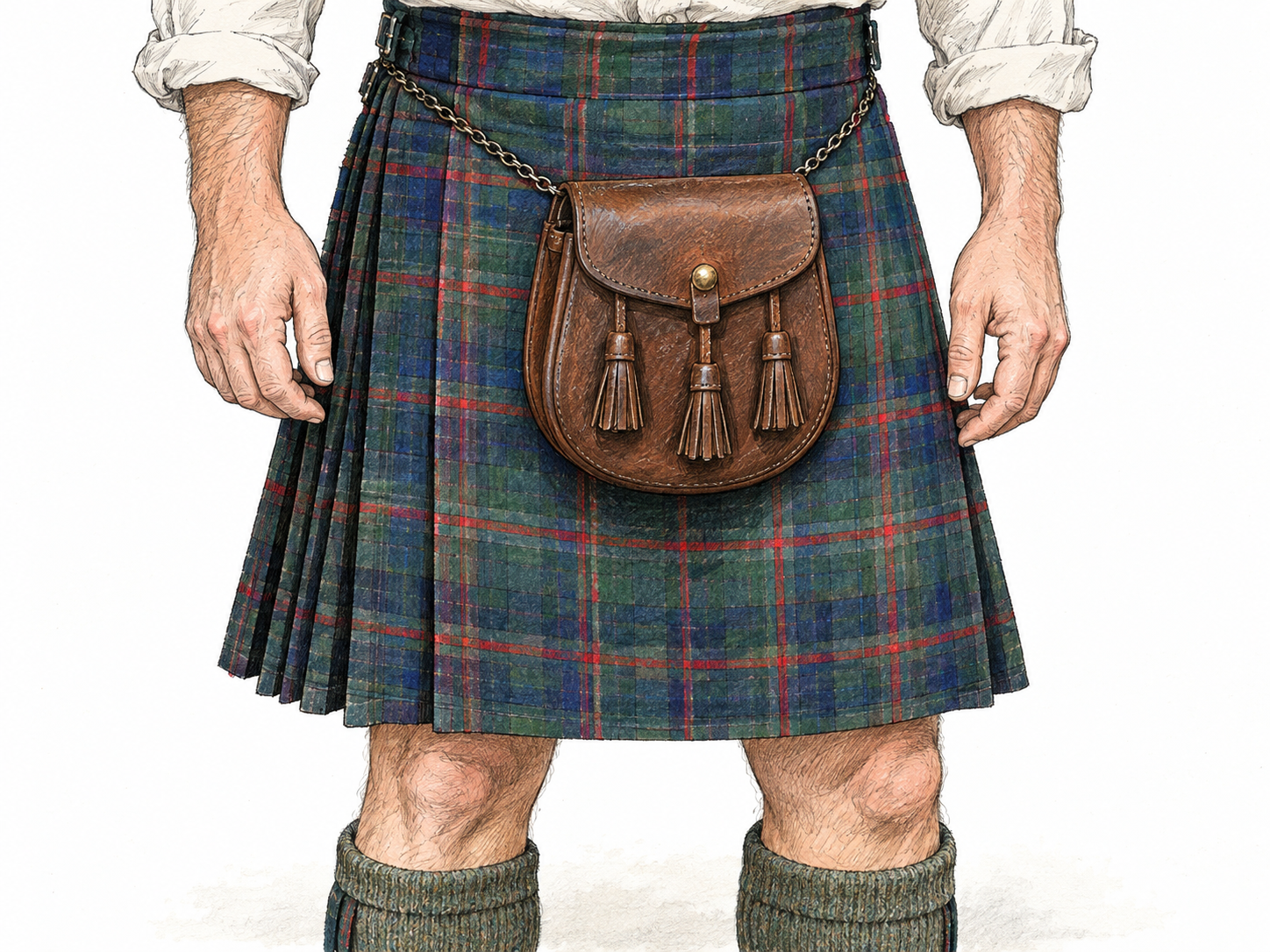 A close waist-to-knee view of a Scottish kilt wearer, emphasizing the leather sporran suspended centrally over the front of the tartan kilt.