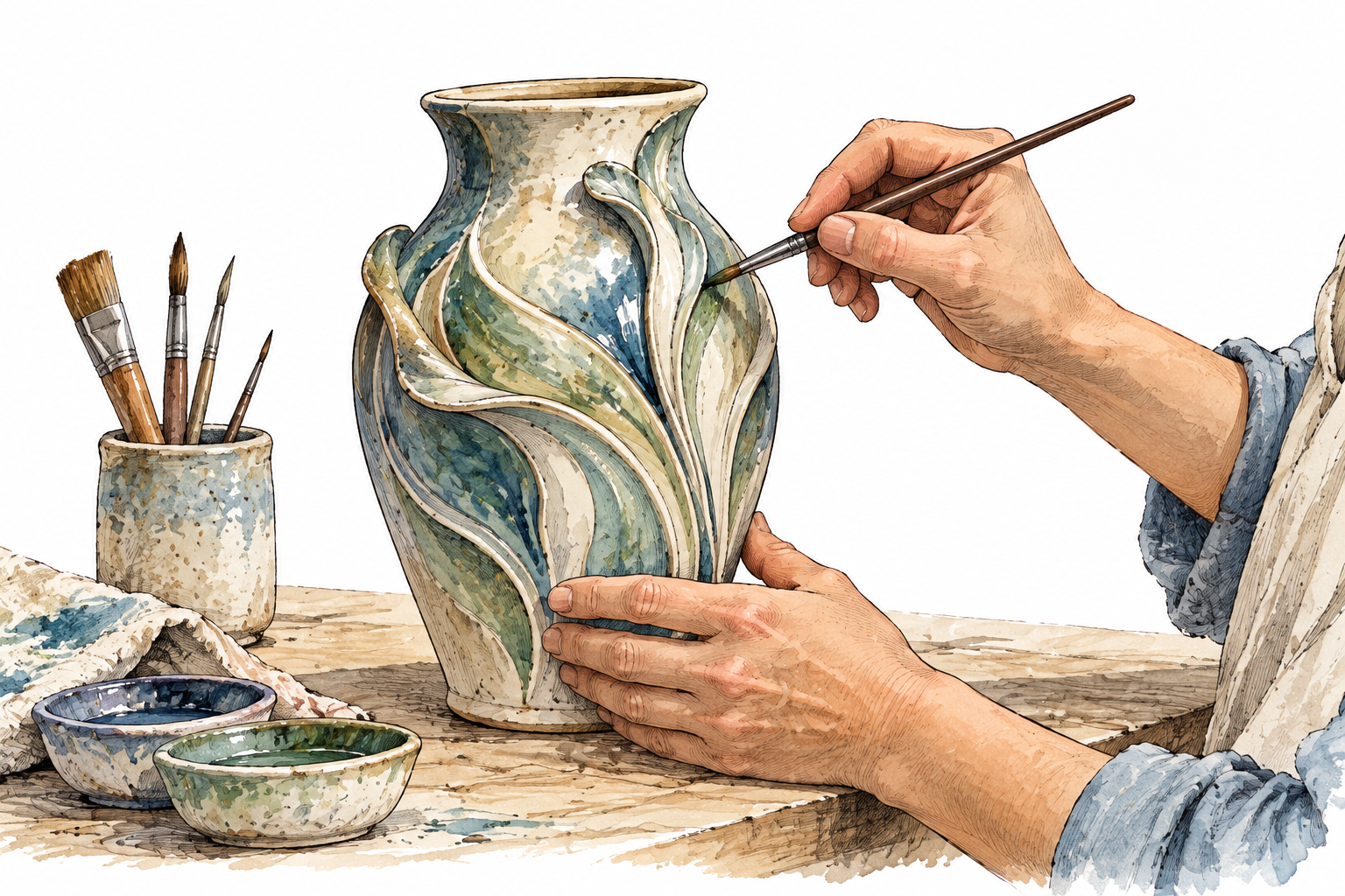 A beautifully creative handmade ceramic vase with flowing sculpted decoration beside the maker's careful hands and brushes, artistic skill.