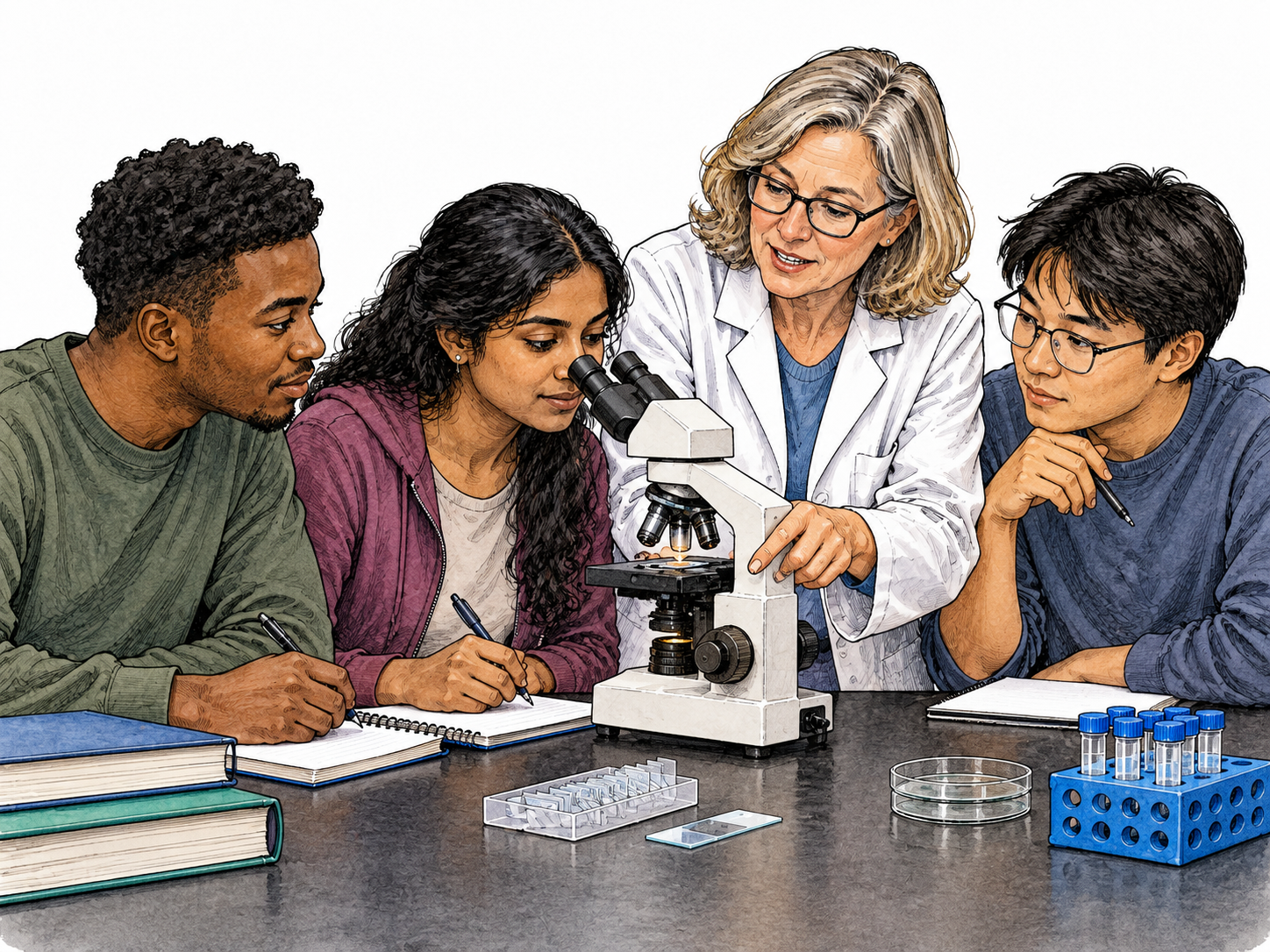 Adult students participate in a small higher-education laboratory seminar with instructor and simple microscope equipment.