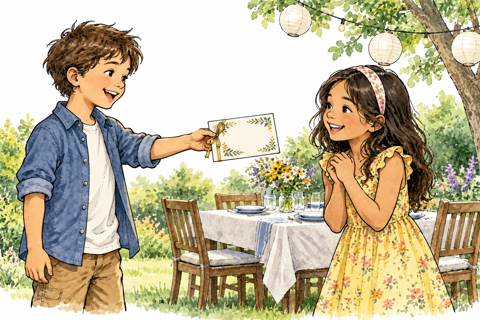 Person offers a decorative blank invitation card to smiling friend beside planned gathering table.
