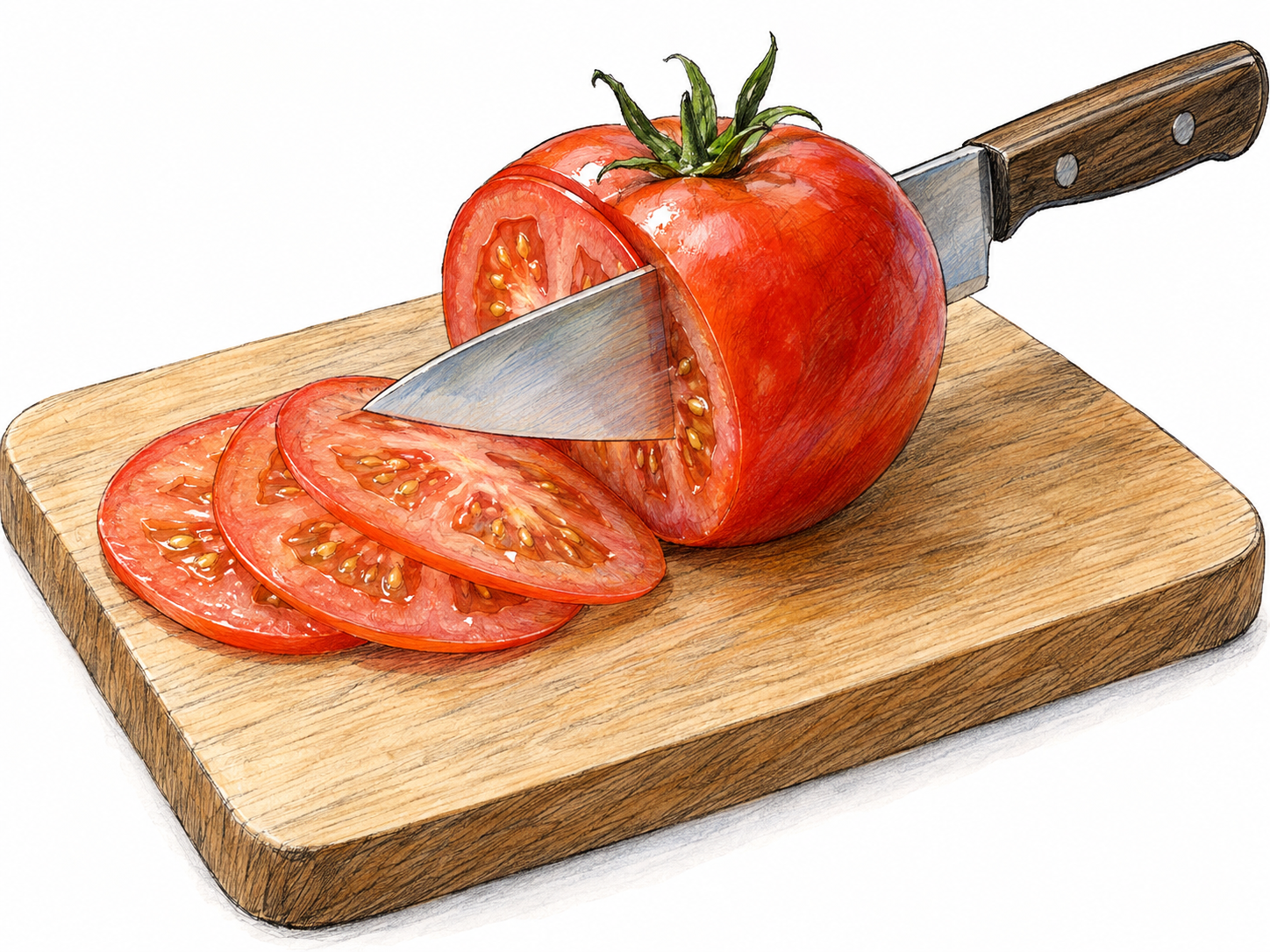 A keen kitchen knife with an exceptionally fine edge, shown partway through a ripe tomato beside several paper-thin, intact slices.