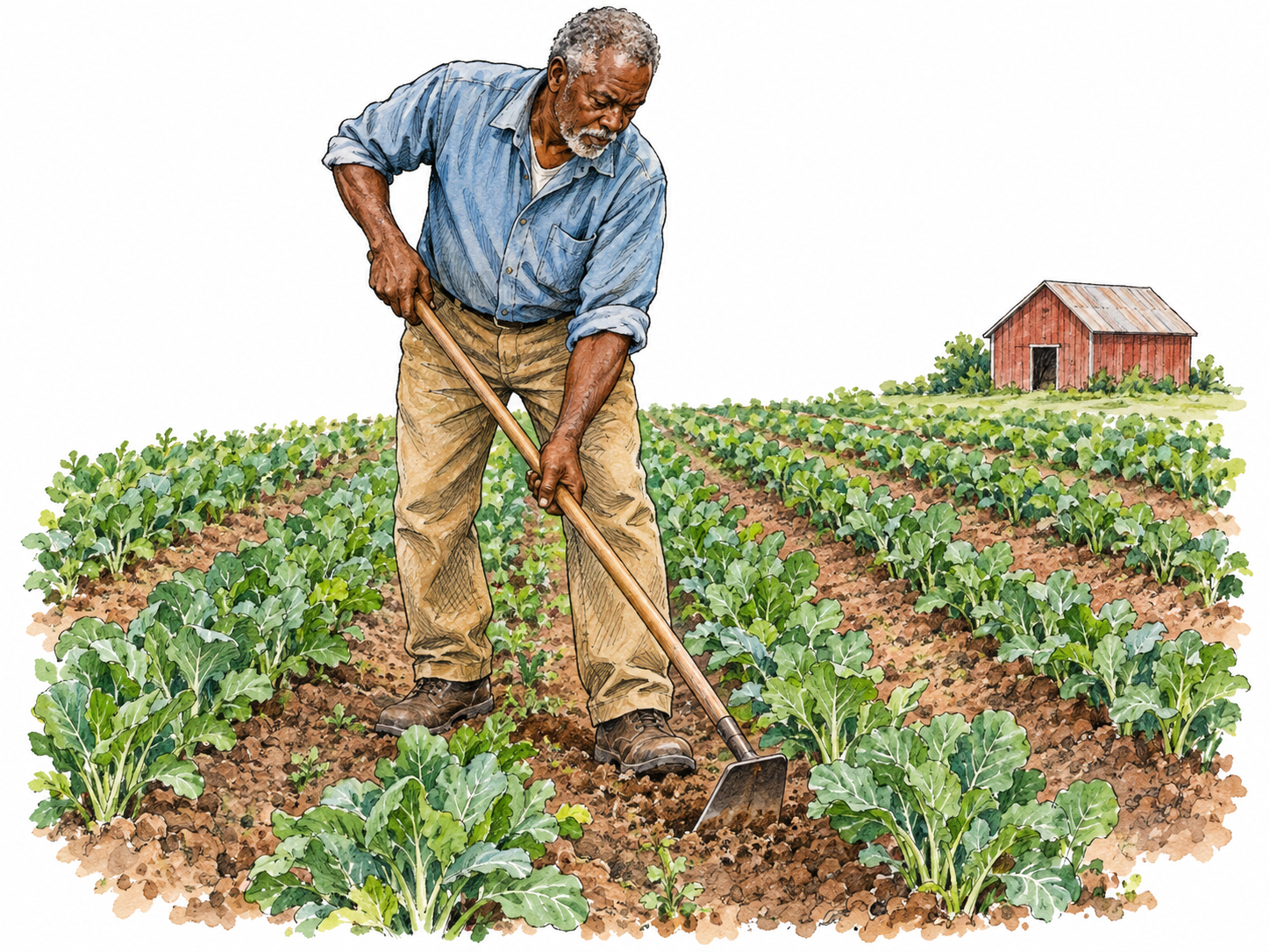 A farmer hoes between orderly crop rows in a cultivated field, with a small barn at the field edge, making the connection to farming and farmland immediately visible.