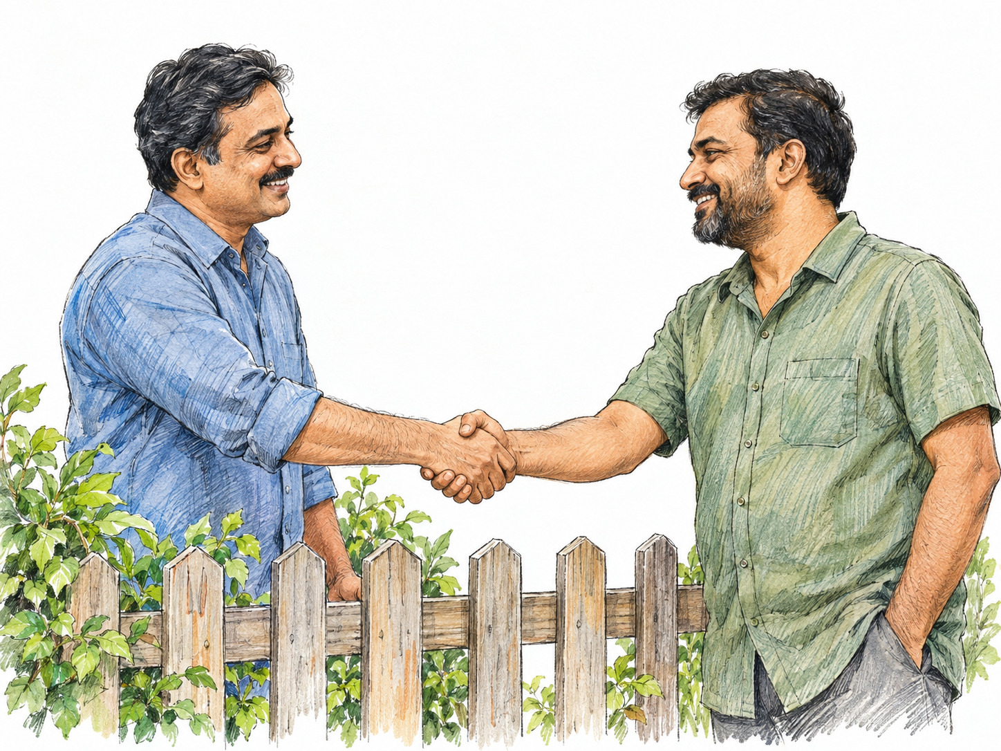 Two neighbors share a relaxed, friendly handshake across a low garden fence, conveying warm relations without disagreement.