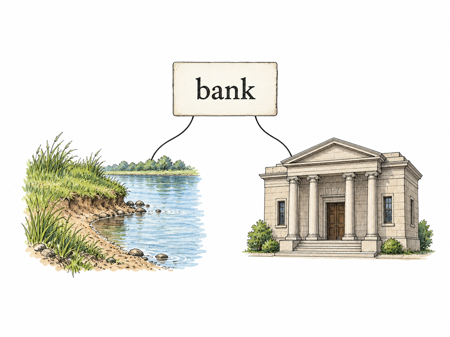 A small open dictionary-like card bearing only the single word 'bank' connects by two thin ink branches to a riverbank vignette and a plain bank-building vignette.