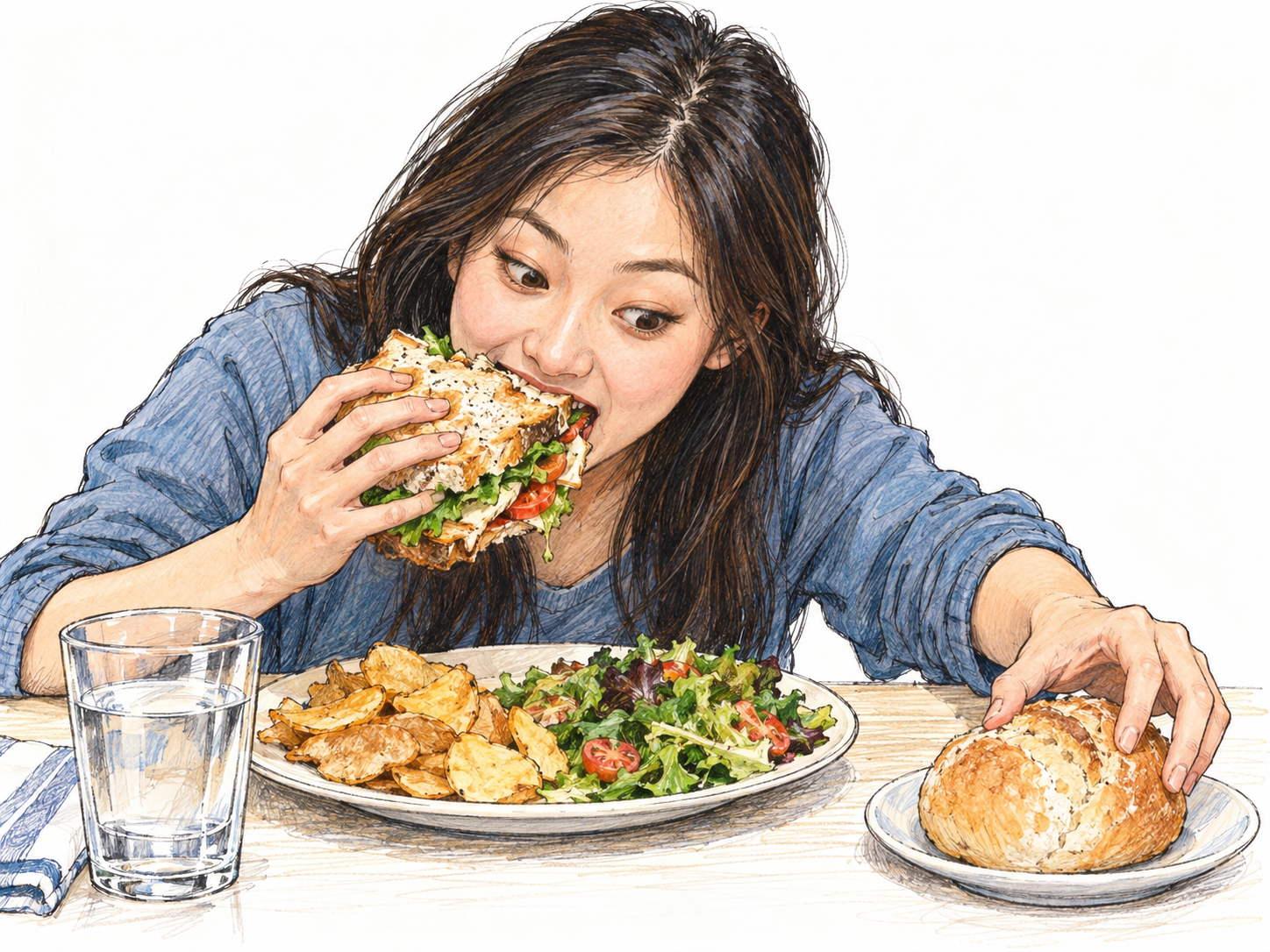 A very hungry young woman leans eagerly over a substantial meal, taking a large bite from a sandwich while already reaching for another piece of food.