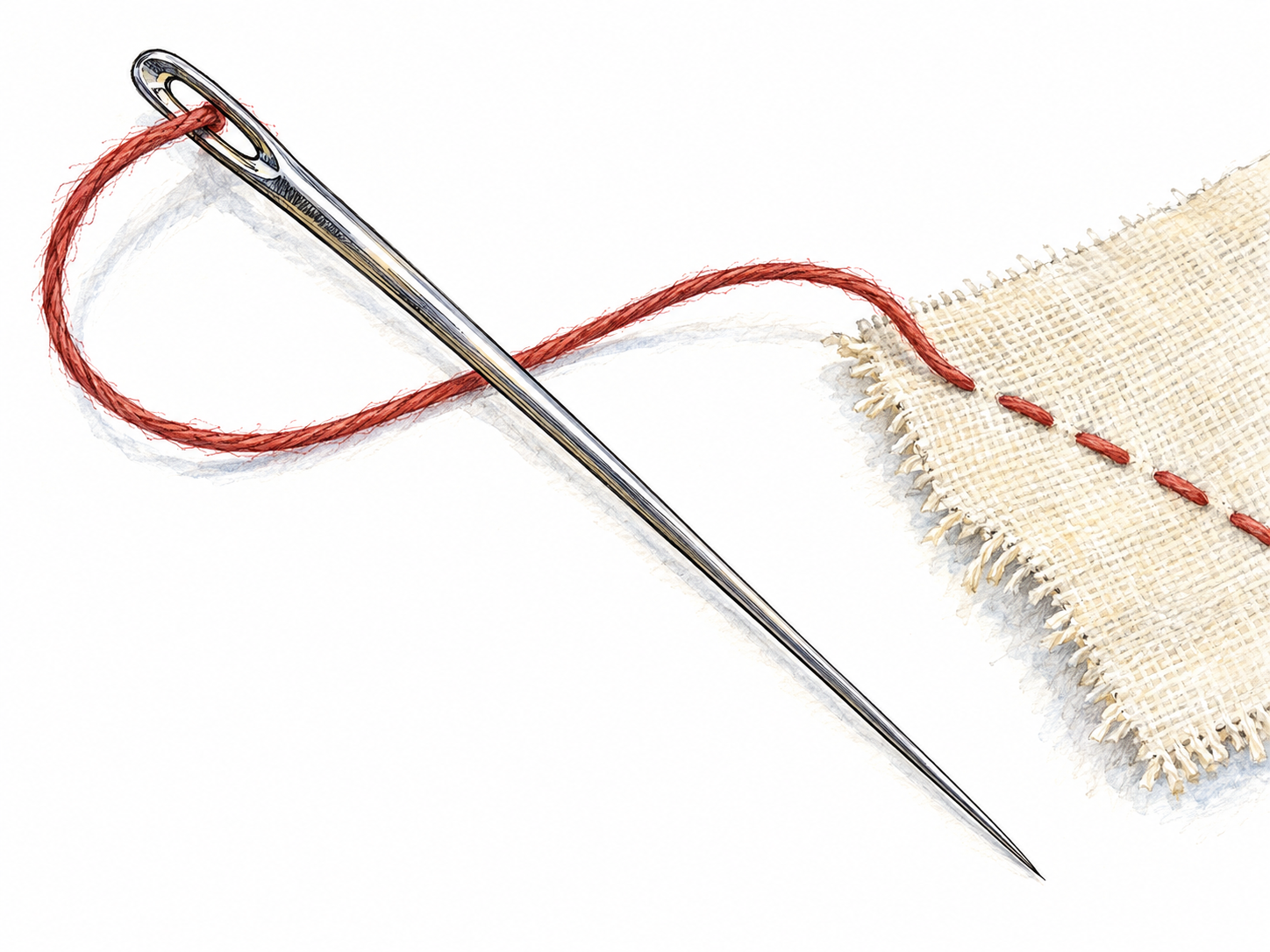 A close-up of a slender steel sewing needle with a clearly visible threaded eye and sharp point, resting diagonally beside a small swatch of partly stitched fabric.