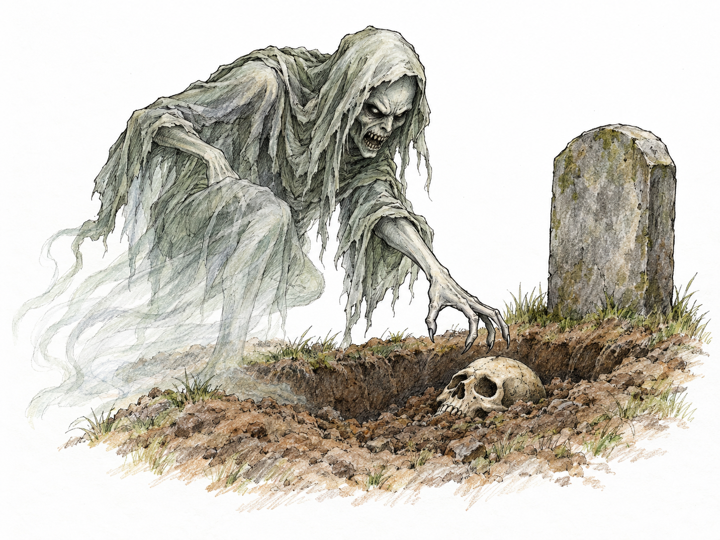 A sinister, partly translucent humanoid spirit crouches over an open grave, reaching covetously toward a human skull exposed in the earth.